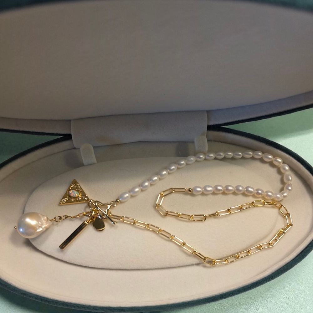 Gold and Pearl Necklace with Triangle Pendant